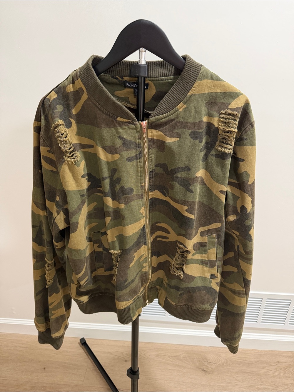Fashion Nova Green Camo Distressed Bomber Jacket